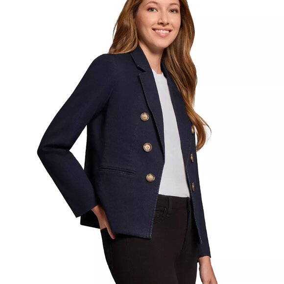 Jones New York Petite Denim Faux Double-Breasted Blazer/Jacket Dark Blue PS NWT - Picture 2 of 3
